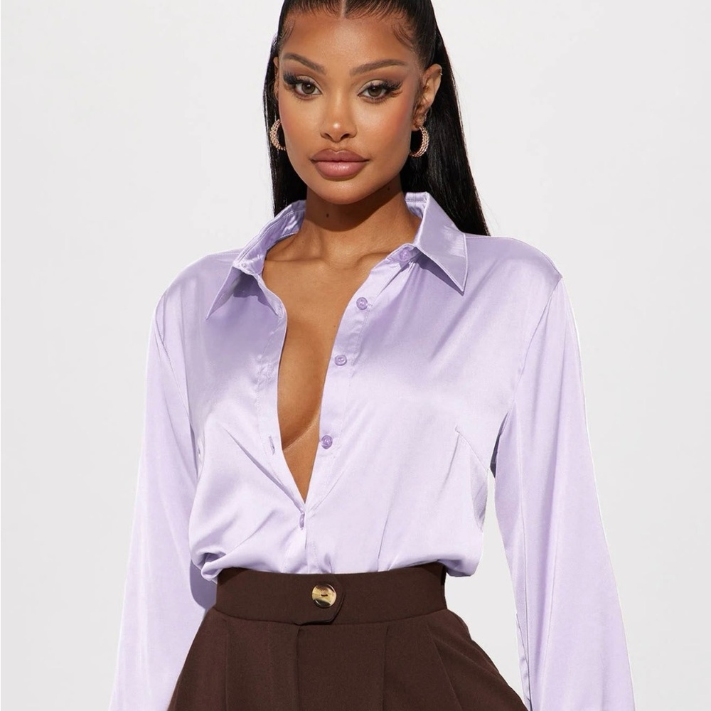 Fashion Nova Purple Long Sleeve Button Down Blouse